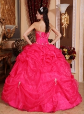 Coral Red Ball Gown Sweetheart Floor-length Organza Beading Quinceanera Dress