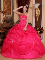 Coral Red Ball Gown Sweetheart Floor-length Organza Beading Quinceanera Dress