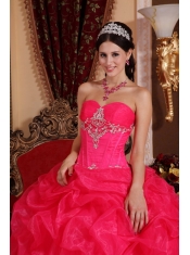 Coral Red Ball Gown Sweetheart Floor-length Organza Beading Quinceanera Dress