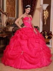 Coral Red Ball Gown Sweetheart Floor-length Organza Beading Quinceanera Dress
