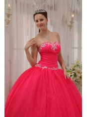 Coral Red Ball Gown Sweetheart Floor-length Taffeta and Organza Appliques Quinceanera Dress