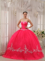 Coral Red Ball Gown Sweetheart Floor-length Taffeta and Organza Appliques Quinceanera Dress
