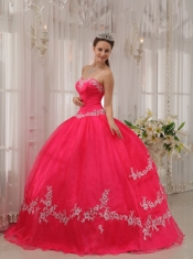 Coral Red Ball Gown Sweetheart Floor-length Taffeta and Organza Appliques Quinceanera Dress