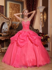 Coral Red Ball Gown Sweetheart Floor-length Taffeta and Organza Appliques Sweet 16 Dress