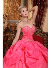 Coral Red Ball Gown Sweetheart Floor-length Taffeta and Organza Appliques Sweet 16 Dress