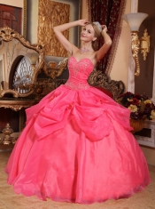 Coral Red Ball Gown Sweetheart Floor-length Taffeta and Organza Appliques Sweet 16 Dress