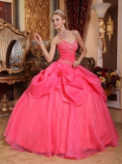 Coral Red Ball Gown Sweetheart Floor-length Taffeta and Organza Appliques Sweet 16 Dress