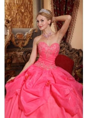 Coral Red Ball Gown Sweetheart Floor-length Taffeta and Organza Appliques Sweet 16 Dress