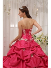 Coral Red Ball Gown Sweetheart Floor-length Taffeta Appliques Sweet 16 Dress