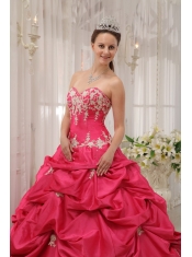 Coral Red Ball Gown Sweetheart Floor-length Taffeta Appliques Sweet 16 Dress