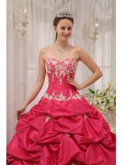 Coral Red Ball Gown Sweetheart Floor-length Taffeta Appliques Sweet 16 Dress