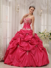 Coral Red Ball Gown Sweetheart Floor-length Taffeta Appliques Sweet 16 Dress