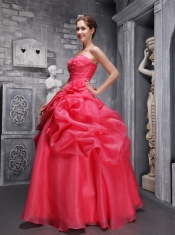 Coral Red Ball Gown Sweethrart Floor-length Organza Beading and Ruch Quinceanera Dress