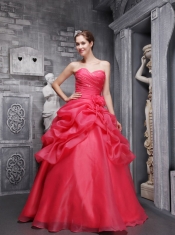 Coral Red Ball Gown Sweethrart Floor-length Organza Beading and Ruch Quinceanera Dress