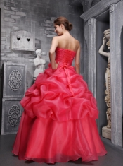 Coral Red Ball Gown Sweethrart Floor-length Organza Beading and Ruch Quinceanera Dress