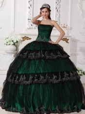 Dark Green Ball Gown Strapless Floor-length Taffeta and Tulle Appliques Quinceanera Dress