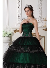 Dark Green Ball Gown Strapless Floor-length Taffeta and Tulle Appliques Quinceanera Dress
