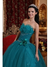 Teal Ball Gown Sweetheart Floor-length Tulle Beading Quinceanera Dress