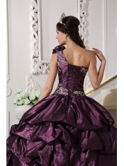 Dark Purple Ball Gown One Shoulder Floor-length Taffeta Appliques and Pick-ups Quinceanera Dress