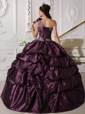 Dark Purple Ball Gown One Shoulder Floor-length Taffeta Appliques and Pick-ups Quinceanera Dress