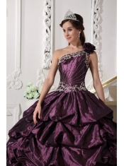 Dark Purple Ball Gown One Shoulder Floor-length Taffeta Appliques and Pick-ups Quinceanera Dress