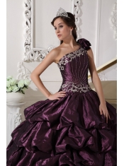 Dark Purple Ball Gown One Shoulder Floor-length Taffeta Appliques and Pick-ups Quinceanera Dress