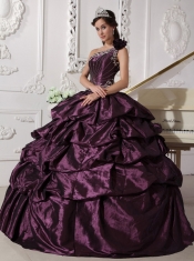 Dark Purple Ball Gown One Shoulder Floor-length Taffeta Appliques and Pick-ups Quinceanera Dress