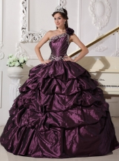 Dark Purple Ball Gown One Shoulder Floor-length Taffeta Appliques and Pick-ups Quinceanera Dress