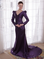 Dark Purple Column / Sheath V-neck Brush / Sweep Train Taffeta Prom Dress