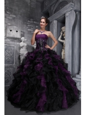 Drak Purple and Black Ball Gown Strapless Floor-length Taffeta and Organza Appliques and Ruffles Quinceanera Dress