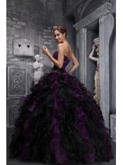 Drak Purple and Black Ball Gown Strapless Floor-length Taffeta and Organza Appliques and Ruffles   Quinceanera Dress