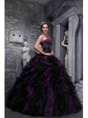 Drak Purple and Black Ball Gown Strapless Floor-length Taffeta and Organza Appliques and Ruffles   Quinceanera Dress