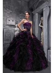 Drak Purple and Black Ball Gown Strapless Floor-length Taffeta and Organza Appliques and Ruffles   Quinceanera Dress