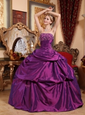 Eggplant Purple Ball Gown Strapless Floor-length Taffeta Beading and Appliques Quinceanera Dress