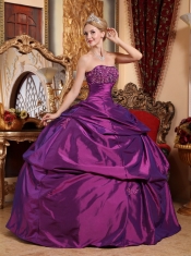 Eggplant Purple Ball Gown Strapless Floor-length Taffeta Beading and Appliques Quinceanera Dress