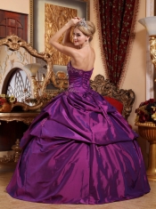 Eggplant Purple Ball Gown Strapless Floor-length Taffeta Beading and Appliques Quinceanera Dress