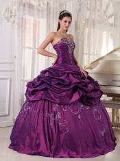 Eggplant Purple Ball Gown Strapless Floor-length Taffeta Embroidery With Beading Quinceanera Dress