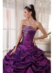 Eggplant Purple Ball Gown Strapless Floor-length Taffeta Embroidery With Beading Quinceanera Dress