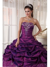 Eggplant Purple Ball Gown Strapless Floor-length Taffeta Embroidery With Beading Quinceanera Dress
