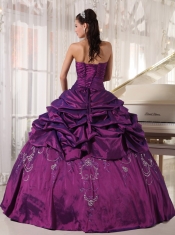 Eggplant Purple Ball Gown Strapless Floor-length Taffeta Embroidery With Beading Quinceanera Dress