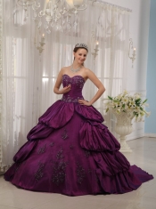 Eggplant Purple Ball Gown Sweetheart Court Train Taffeta Appliques Quinceanera Dress