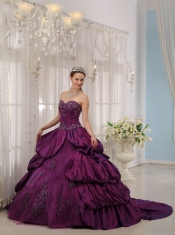 Eggplant Purple Ball Gown Sweetheart Court Train Taffeta Appliques Quinceanera Dress