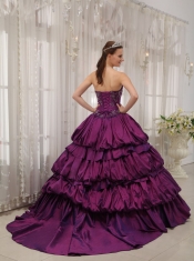 Eggplant Purple Ball Gown Sweetheart Court Train Taffeta Appliques Quinceanera Dress