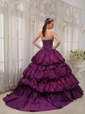 Eggplant Purple Ball Gown Sweetheart Court Train Taffeta Appliques Quinceanera Dress