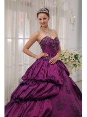 Eggplant Purple Ball Gown Sweetheart Court Train Taffeta Appliques Quinceanera Dress