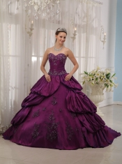 Eggplant Purple Ball Gown Sweetheart Court Train Taffeta Appliques Quinceanera Dress