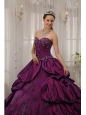 Eggplant Purple Ball Gown Sweetheart Court Train Taffeta Appliques Quinceanera Dress