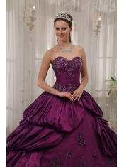 Eggplant Purple Ball Gown Sweetheart Court Train Taffeta Appliques Quinceanera Dress