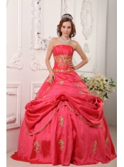Elegant A-line Strapless Floor-length Taffeta Beading and Appliques Red Quinceanera Dress