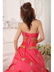 Elegant A-line Strapless Floor-length Taffeta Beading and Appliques Red Quinceanera Dress